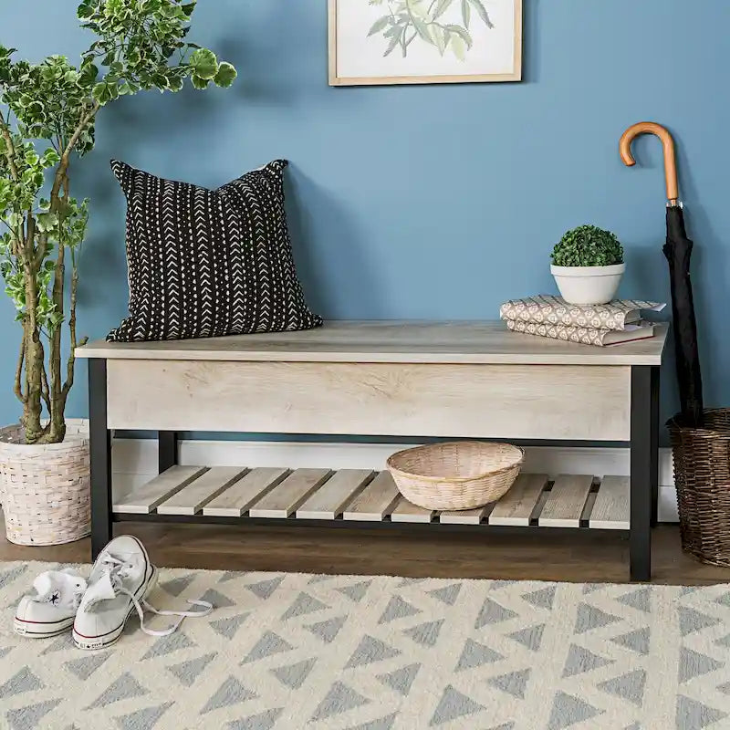 48-Inch Lift-Top Storage Bench with Slatted Shelf in Four Finishes