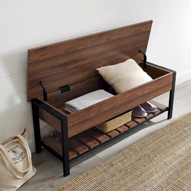 48-Inch Lift-Top Storage Bench with Slatted Shelf in Four Finishes