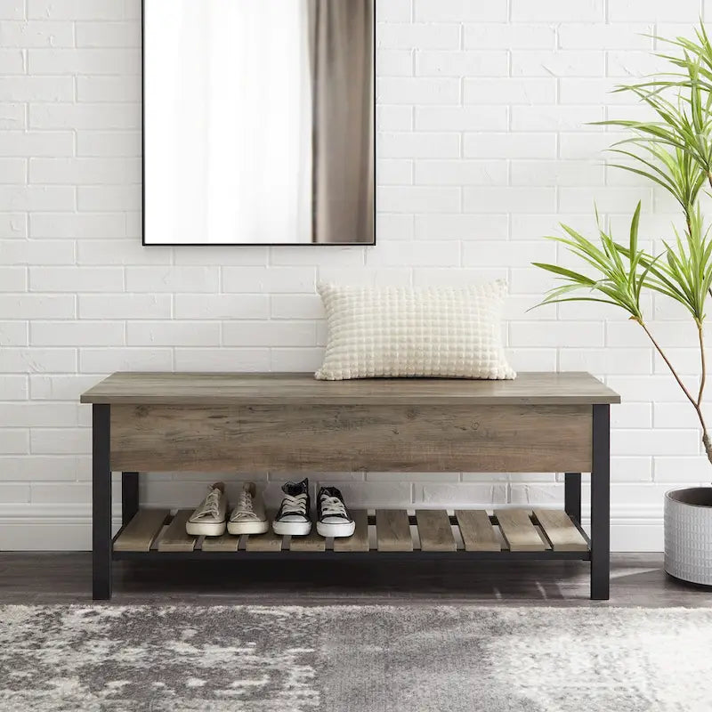48-Inch Lift-Top Storage Bench with Slatted Shelf in Four Finishes
