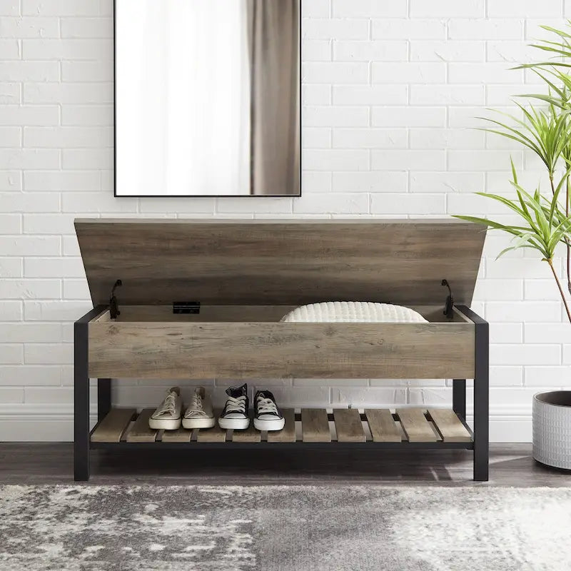 48-Inch Lift-Top Storage Bench with Slatted Shelf in Four Finishes