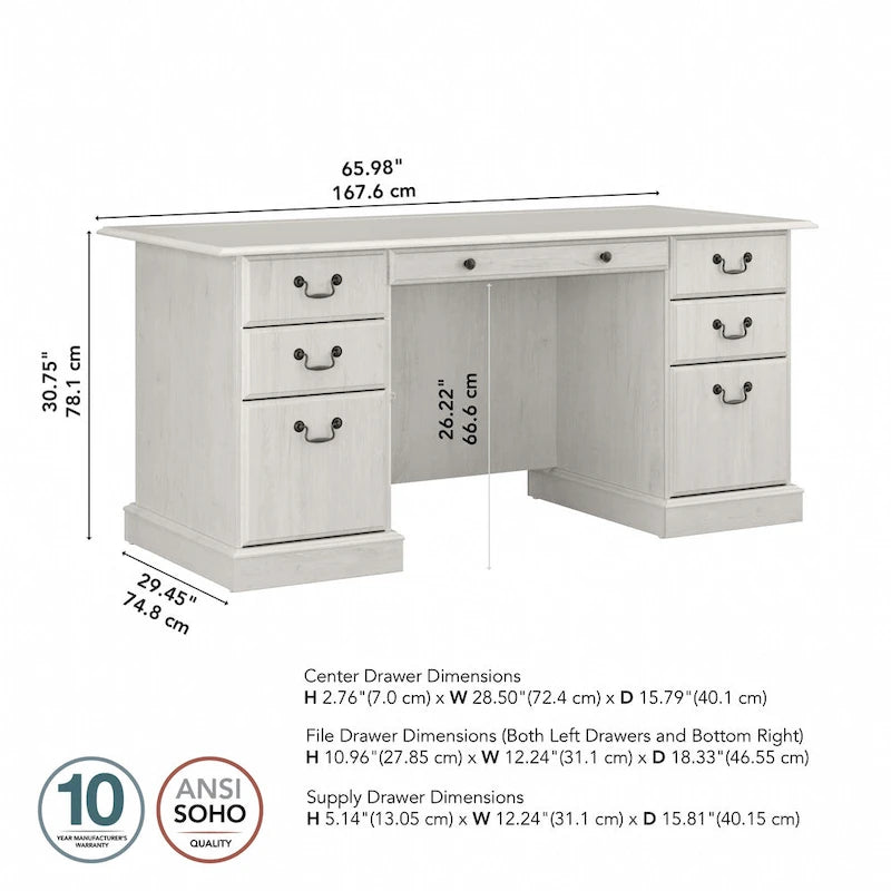 66W Executive Desk with Drawers Storage Traditional Style Home Office