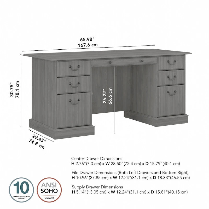 66W Executive Desk with Drawers Storage Traditional Style Home Office