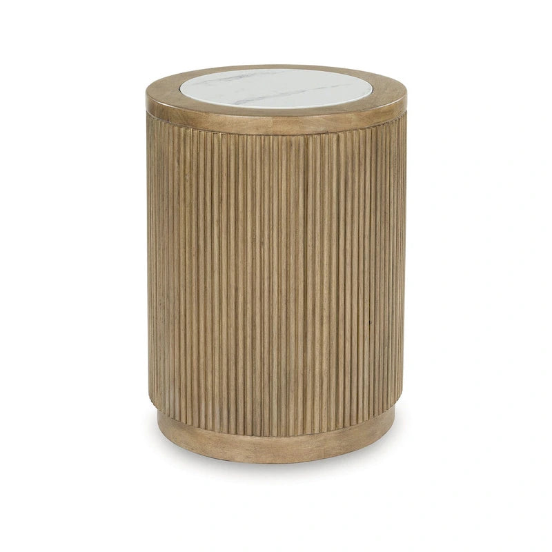 Light Brown White Faux Marble Top Reeded Base End Table