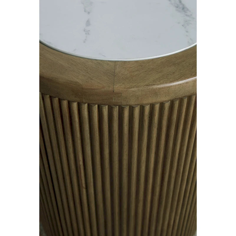 Light Brown White Faux Marble Top Reeded Base End Table