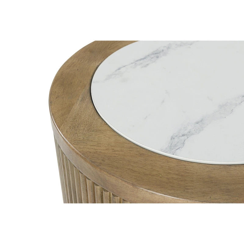 Light Brown White Faux Marble Top Reeded Base End Table