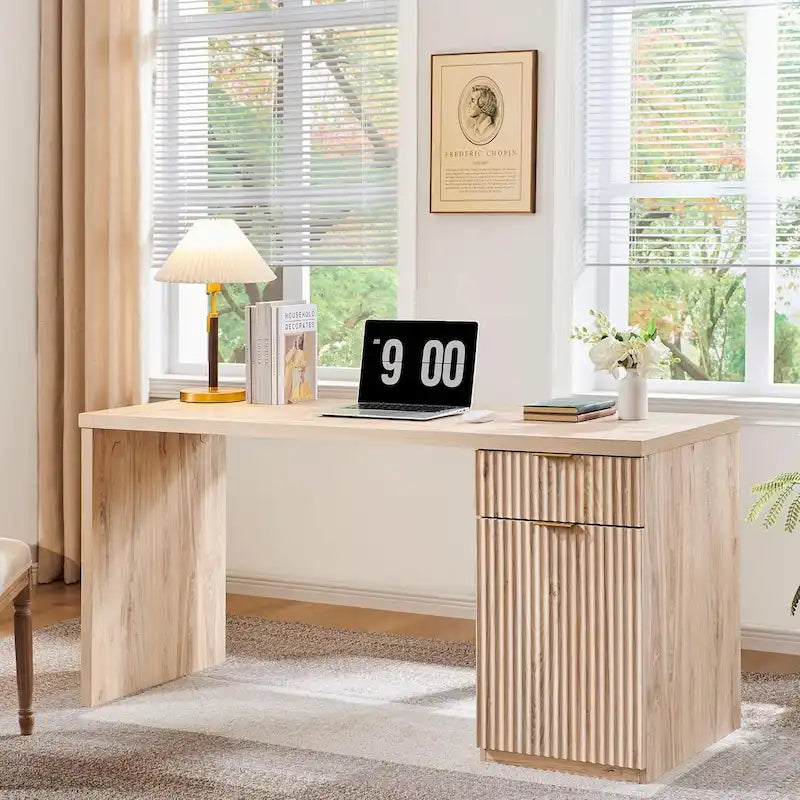 60" Fluted Wood Modern Executive Home Office Computer Desk with Storage