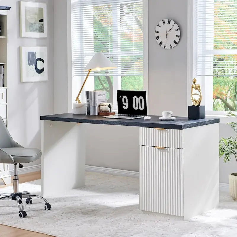 60" Fluted Wood Modern Executive Home Office Computer Desk with Storage