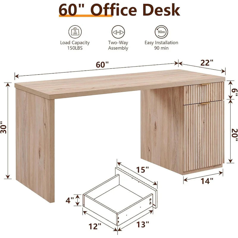 60" Fluted Wood Modern Executive Home Office Computer Desk with Storage