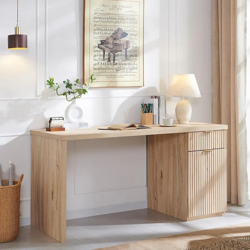 60" Fluted Wood Modern Executive Home Office Computer Desk with Storage