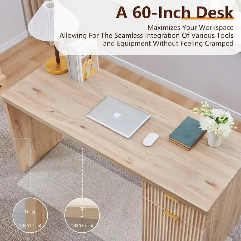 60" Fluted Wood Modern Executive Home Office Computer Desk with Storage