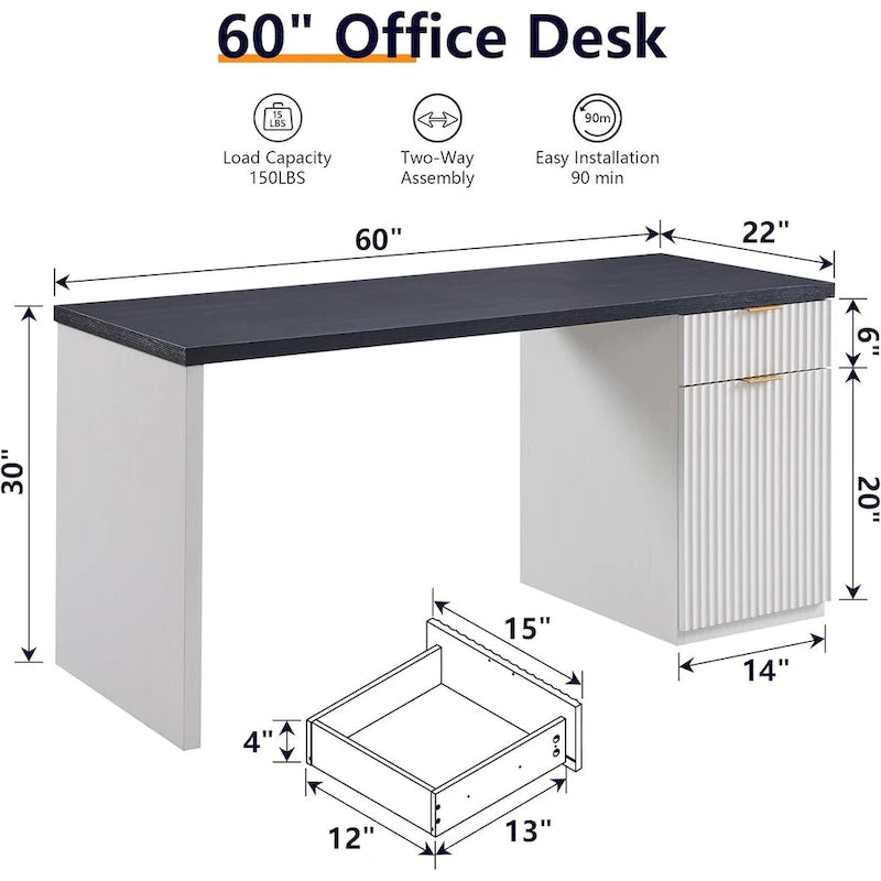 60" Fluted Wood Modern Executive Home Office Computer Desk with Storage