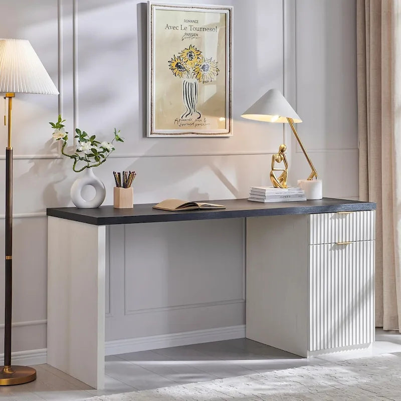 60" Fluted Wood Modern Executive Home Office Computer Desk with Storage