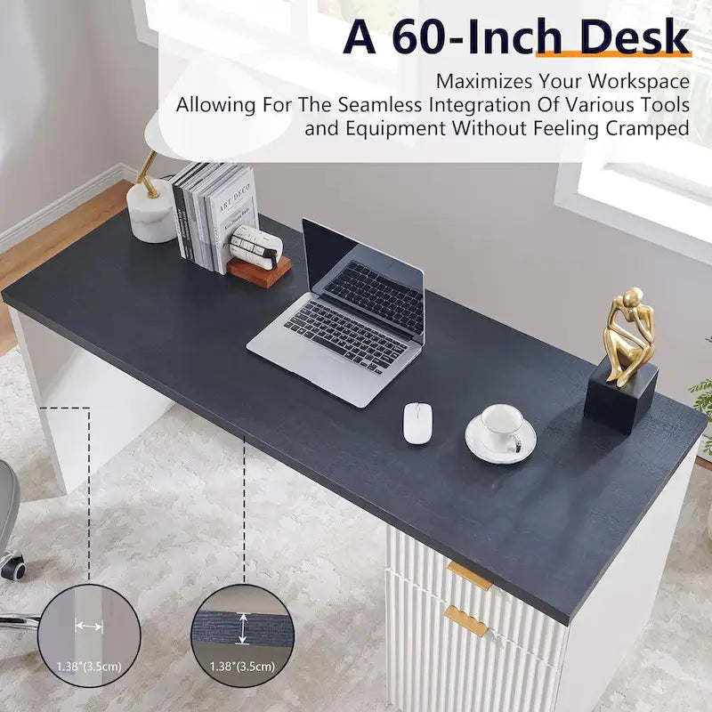 60" Fluted Wood Modern Executive Home Office Computer Desk with Storage