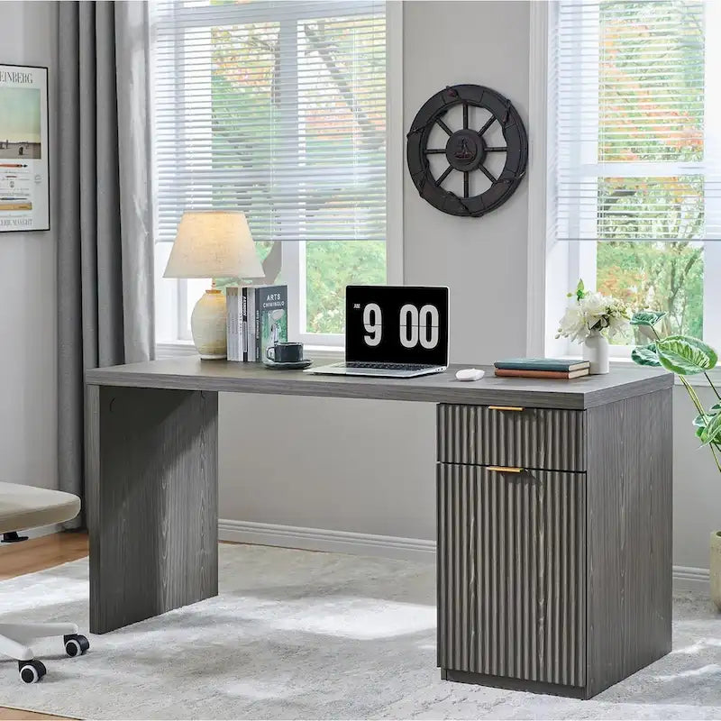 60" Fluted Wood Modern Executive Home Office Computer Desk with Storage