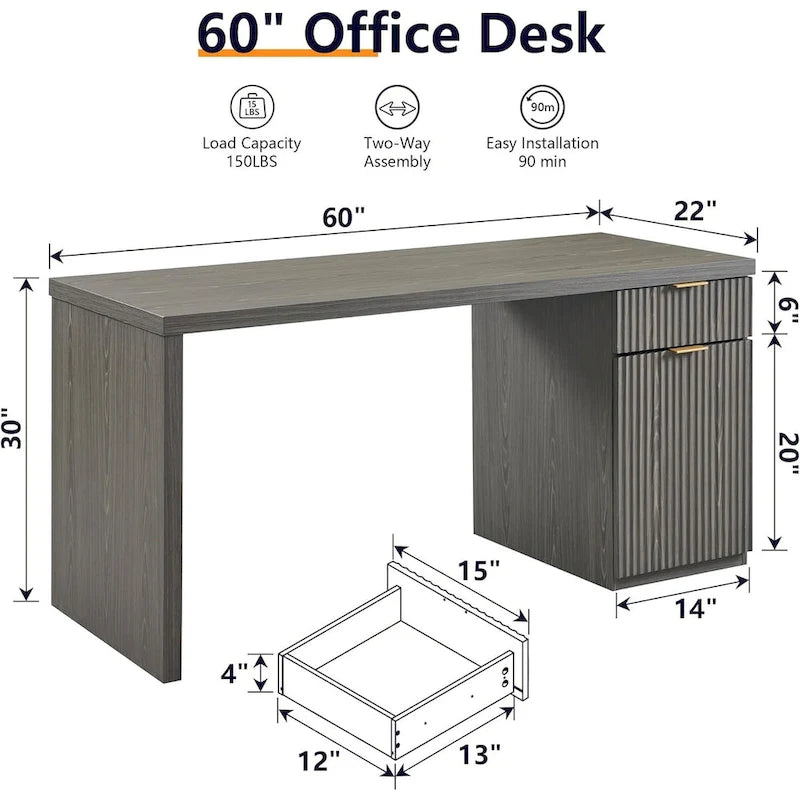 60" Fluted Wood Modern Executive Home Office Computer Desk with Storage