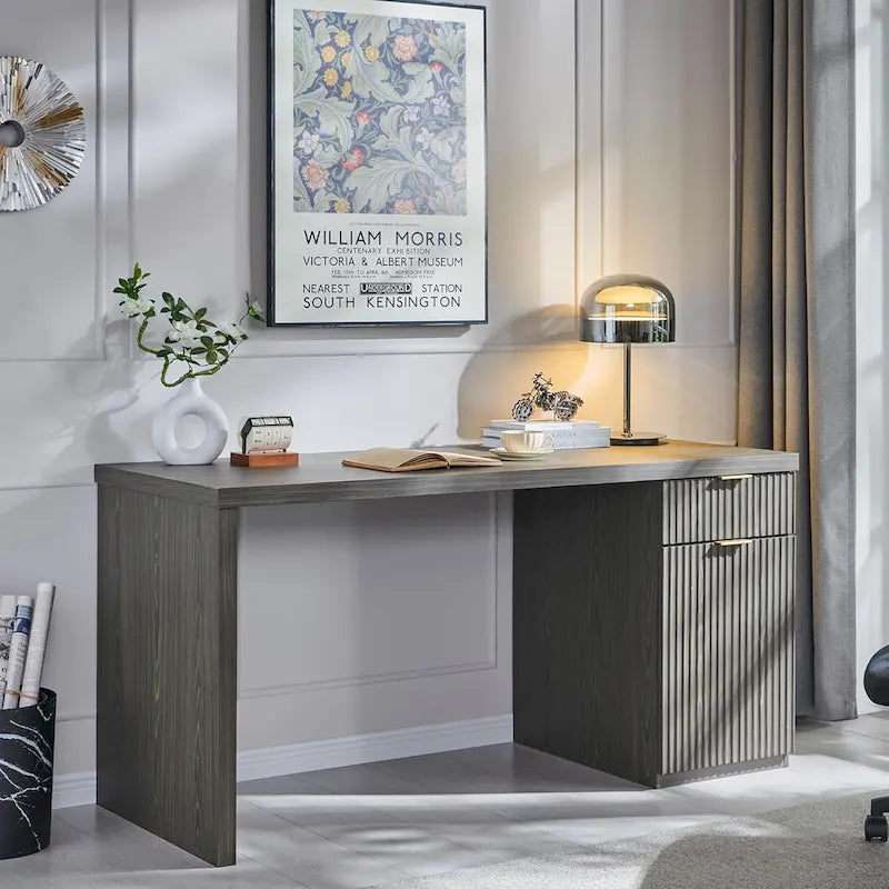 60" Fluted Wood Modern Executive Home Office Computer Desk with Storage