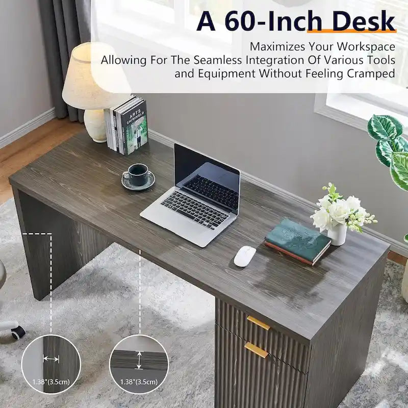 60" Fluted Wood Modern Executive Home Office Computer Desk with Storage