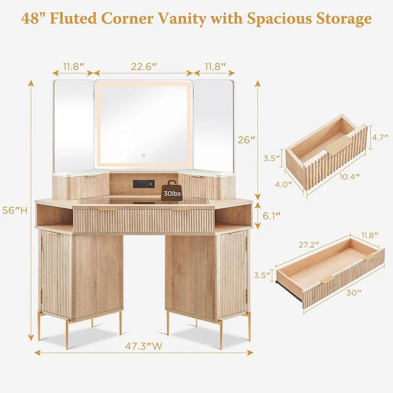 Modern Fluted Makeup Vanity Desk with 3-Way Mirror and Light