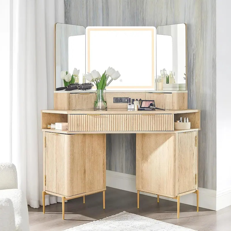 Modern Fluted Makeup Vanity Desk with 3-Way Mirror and Light