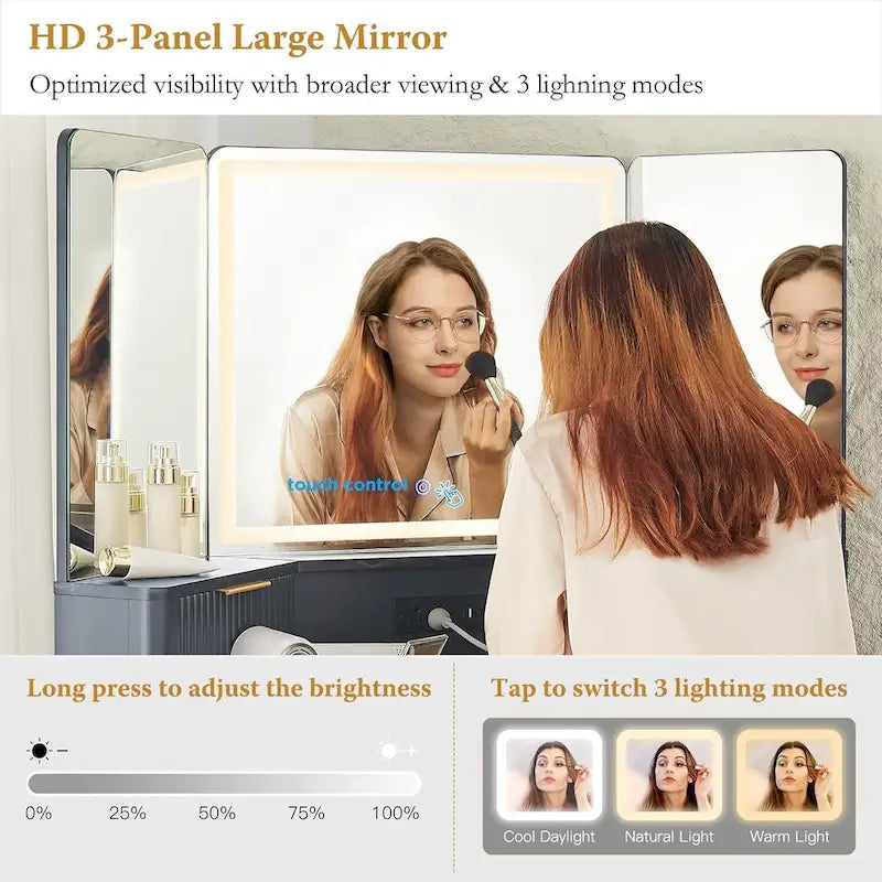 Modern Fluted Makeup Vanity Desk with 3-Way Mirror and Light