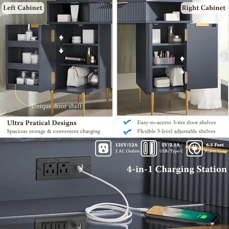 Modern geribbeld make-upbureau met drievoudige spiegel en verlichting