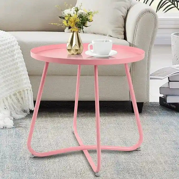 Outdoor Indoor Round Metal Waterproof End Table X-Leg Patio Side Table