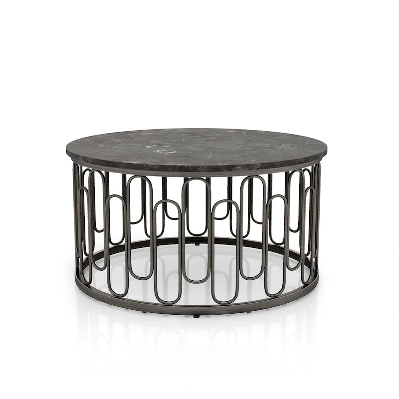 Round Coffee Table with Marble Top and Decorative Iron Base Modern Style