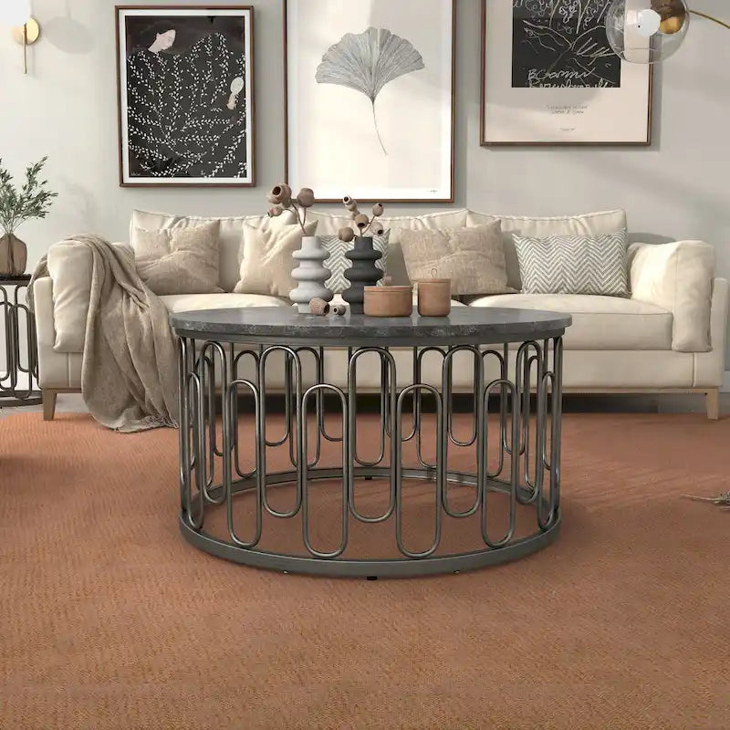 Round Coffee Table with Marble Top and Decorative Iron Base Modern Style