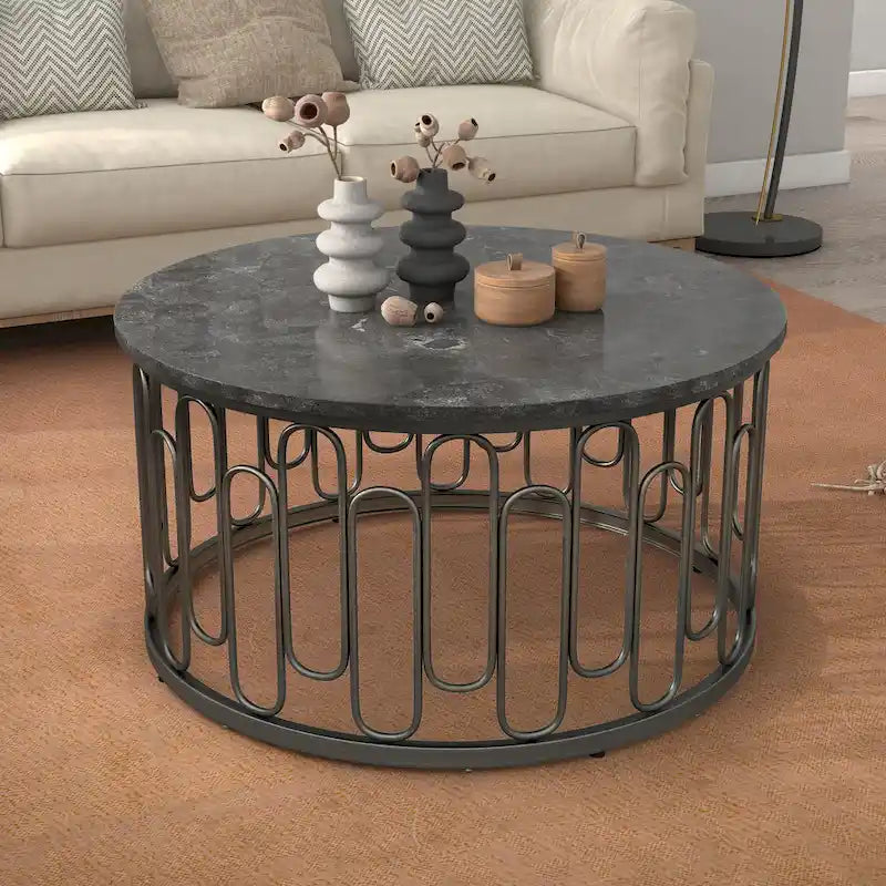 Round Coffee Table with Marble Top and Decorative Iron Base Modern Style