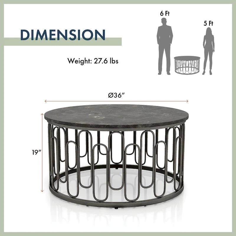 Ronde salontafel met marmeren blad en decoratieve ijzeren basis in moderne stijl