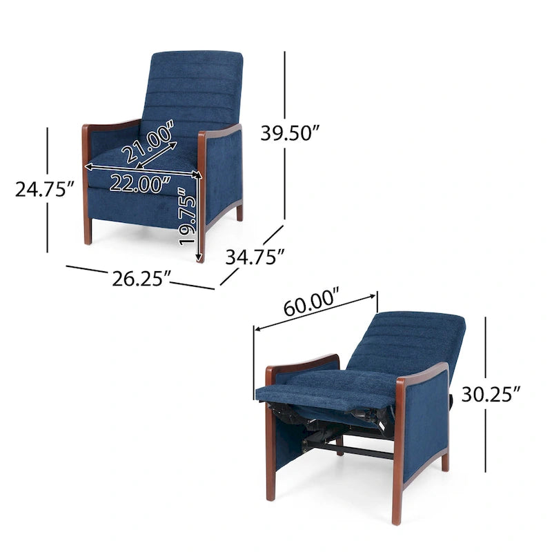 Sillón reclinable acolchado con costuras en canales, respaldo abatible, estilo moderno de mediados de siglo, silla decorativa de tela