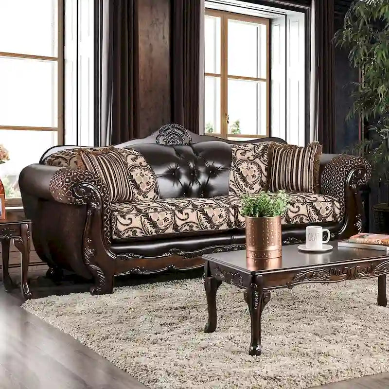 Traditional Faux Leather Rolled Arms Tufted Sofa with Accent Pillows