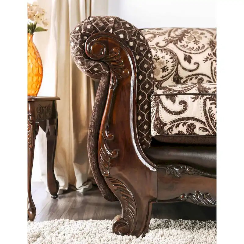 Traditional Faux Leather Rolled Arms Tufted Sofa with Accent Pillows