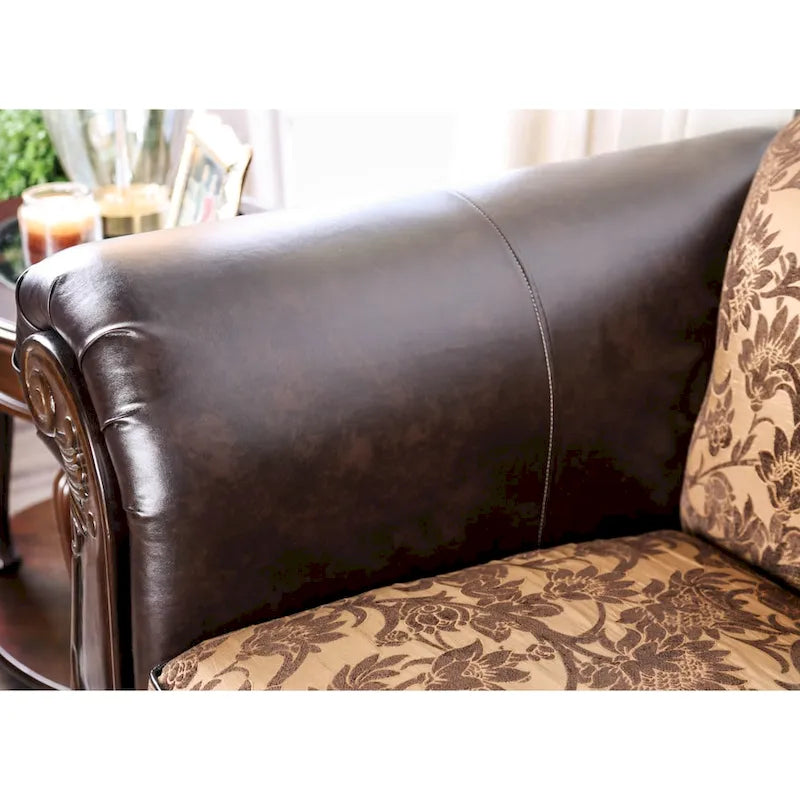 Traditional Faux Leather Rolled Arms Tufted Sofa with Accent Pillows
