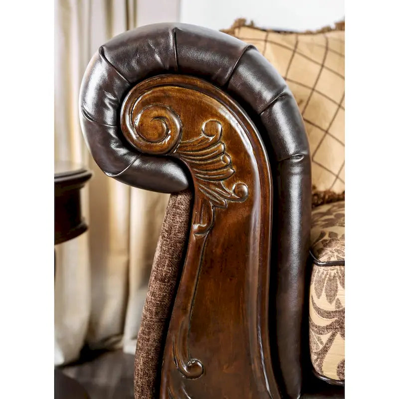 Traditional Faux Leather Rolled Arms Tufted Sofa with Accent Pillows