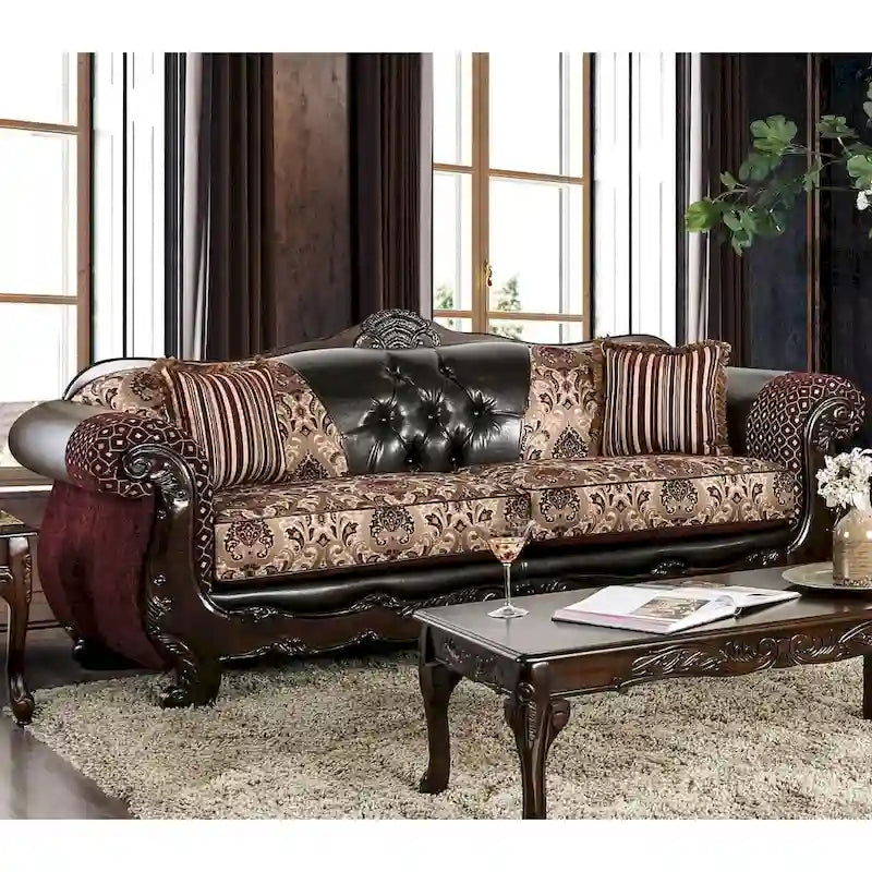 Traditional Faux Leather Rolled Arms Tufted Sofa with Accent Pillows