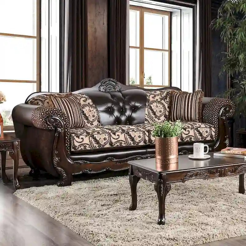 Traditional Faux Leather Rolled Arms Tufted Sofa with Accent Pillows