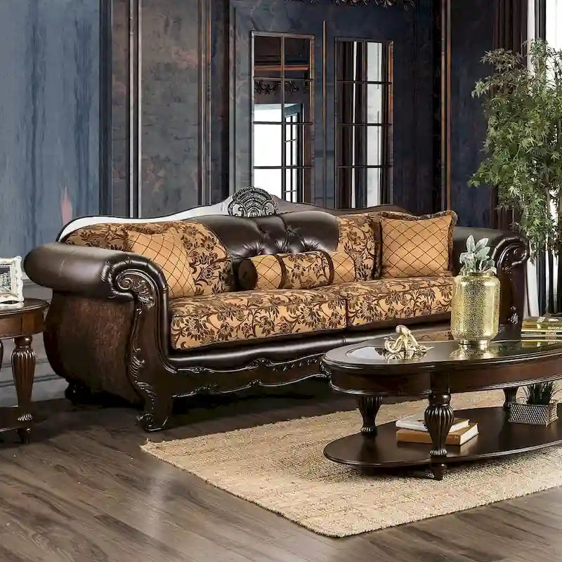 Traditional Faux Leather Rolled Arms Tufted Sofa with Accent Pillows