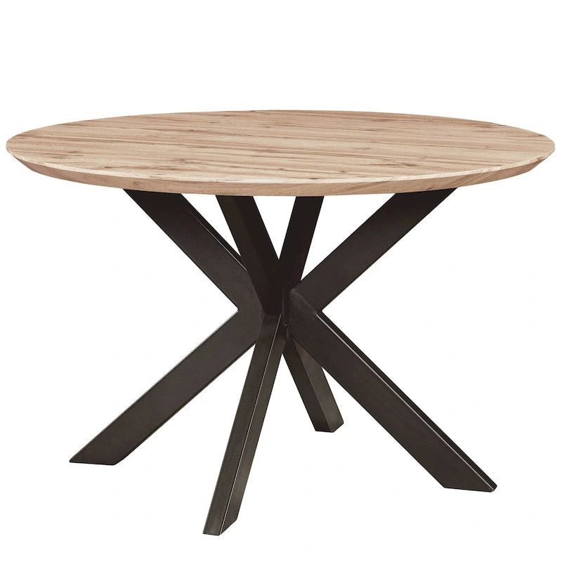 47" Modern Round Wood Dining Table with X-Cross Geometric Metal Base, MDF Top