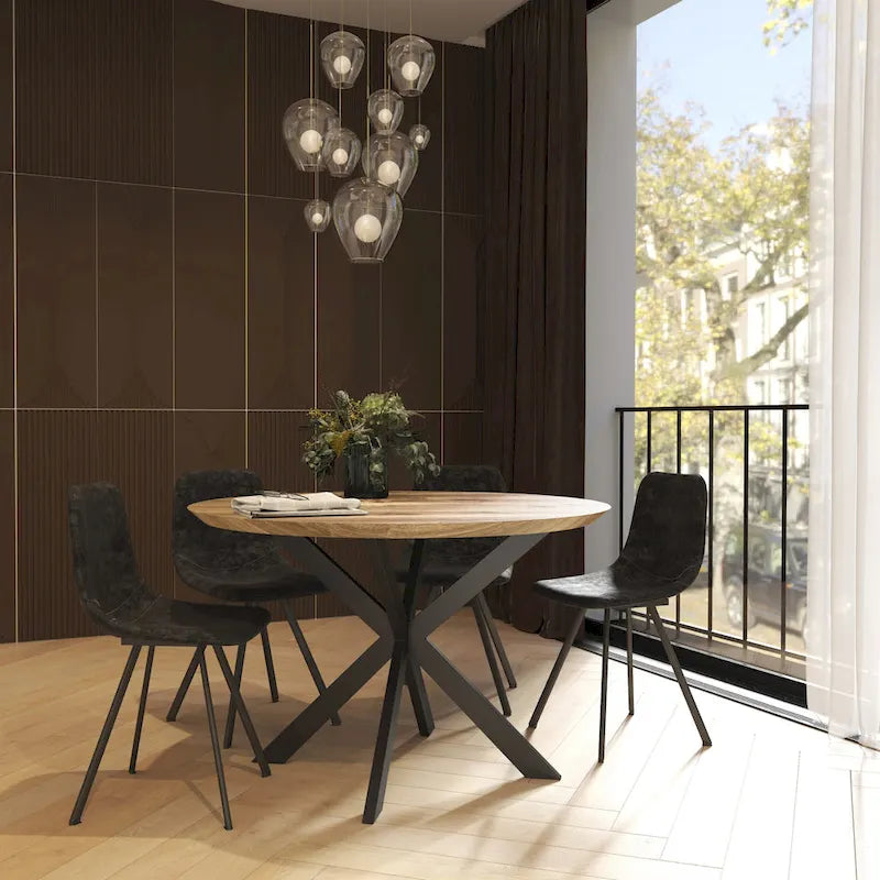 47" Modern Round Wood Dining Table with X-Cross Geometric Metal Base, MDF Top