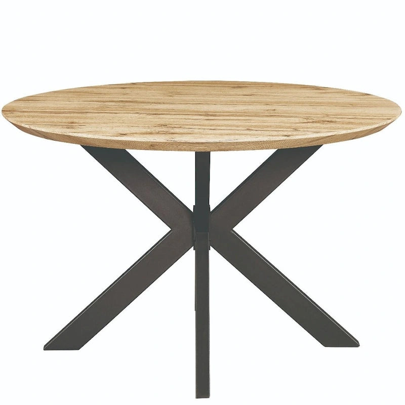 47" Modern Round Wood Dining Table with X-Cross Geometric Metal Base, MDF Top