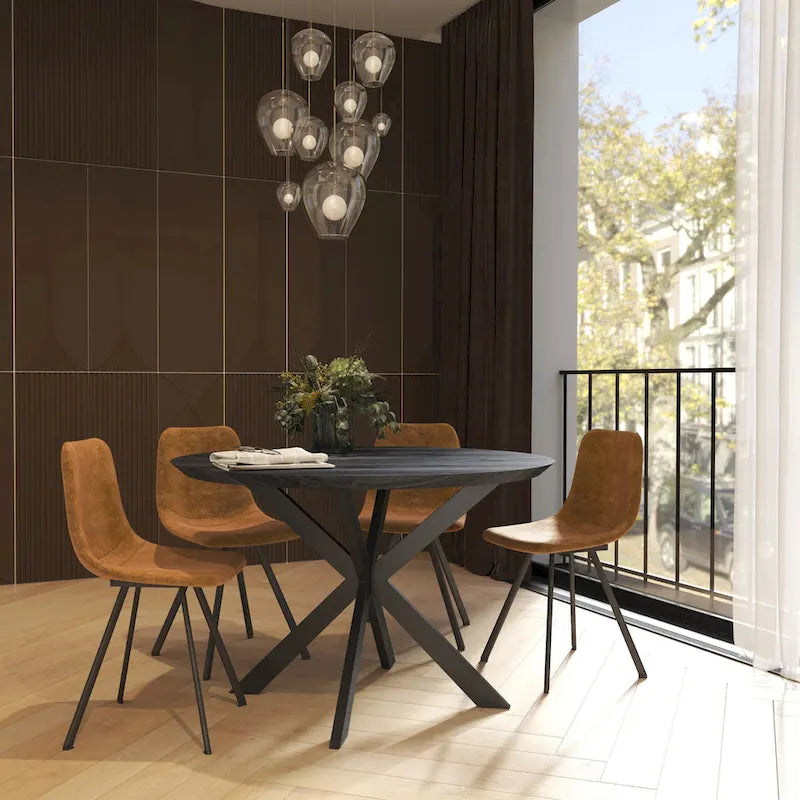 47" Modern Round Wood Dining Table with X-Cross Geometric Metal Base, MDF Top