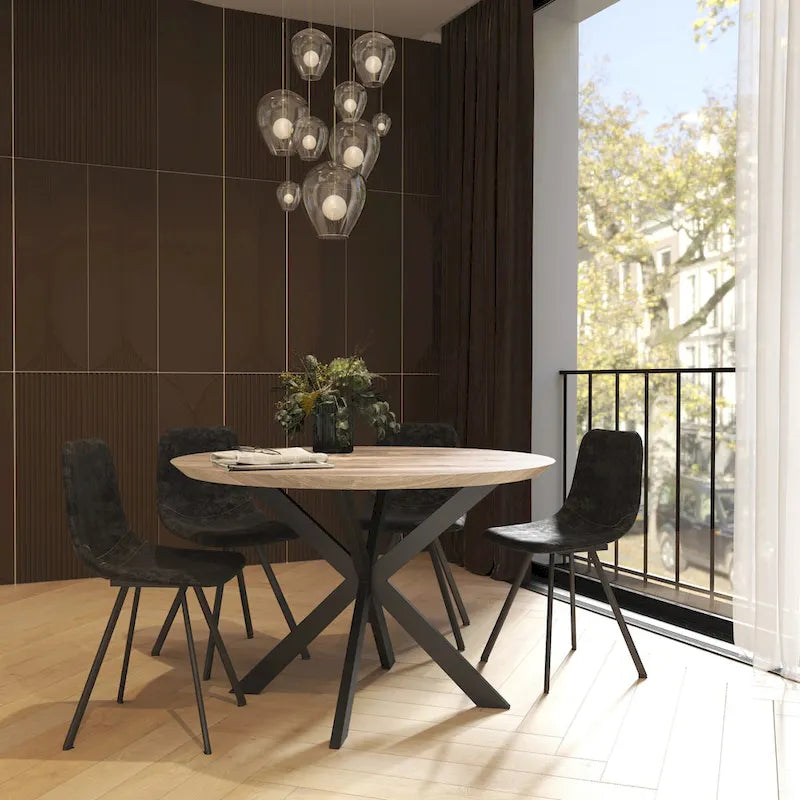 47" Modern Round Wood Dining Table with X-Cross Geometric Metal Base, MDF Top