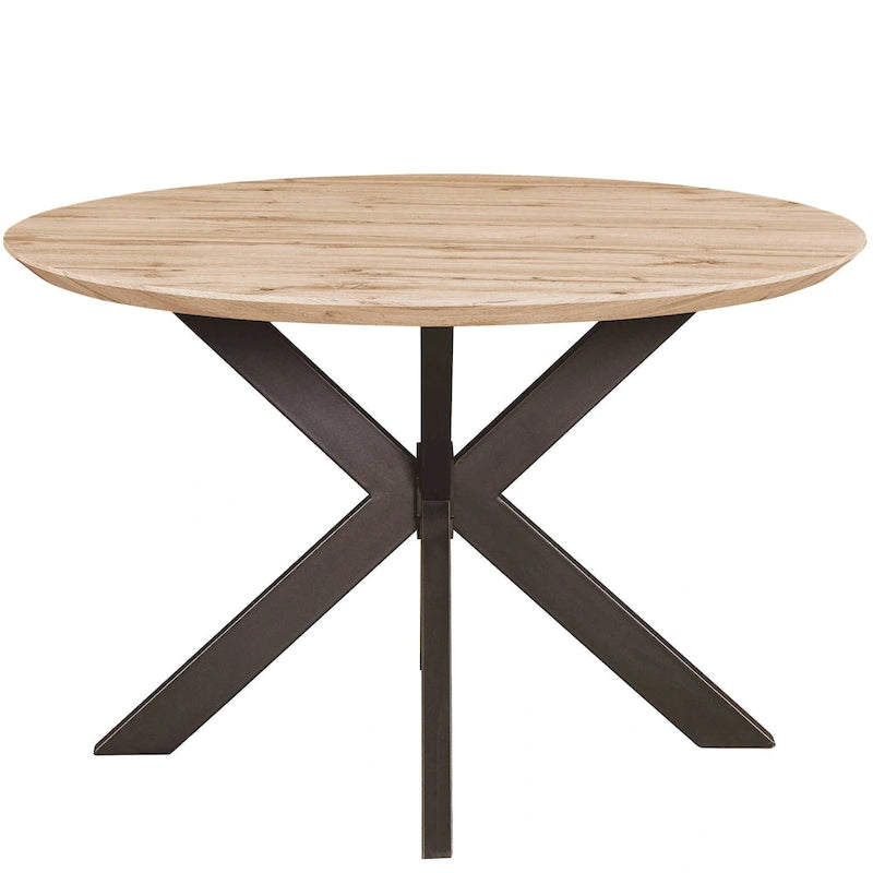 47" Modern Round Wood Dining Table with X-Cross Geometric Metal Base, MDF Top