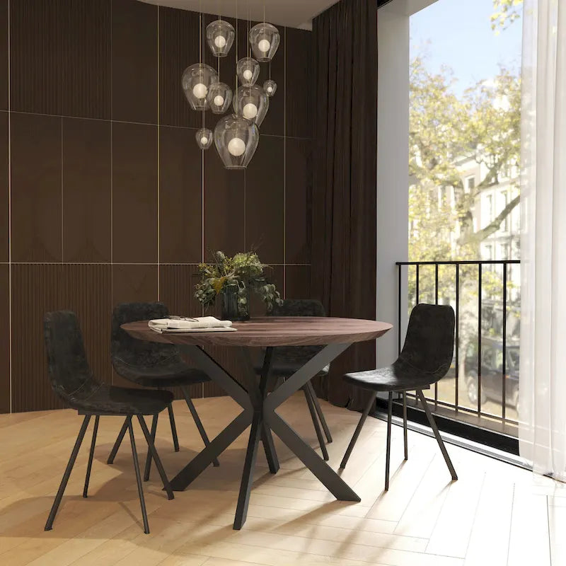 47" Modern Round Wood Dining Table with X-Cross Geometric Metal Base, MDF Top