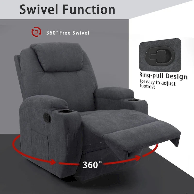 Massage Recliner Chair with 360° Swivel Fabric and Padded Seat for Living Room