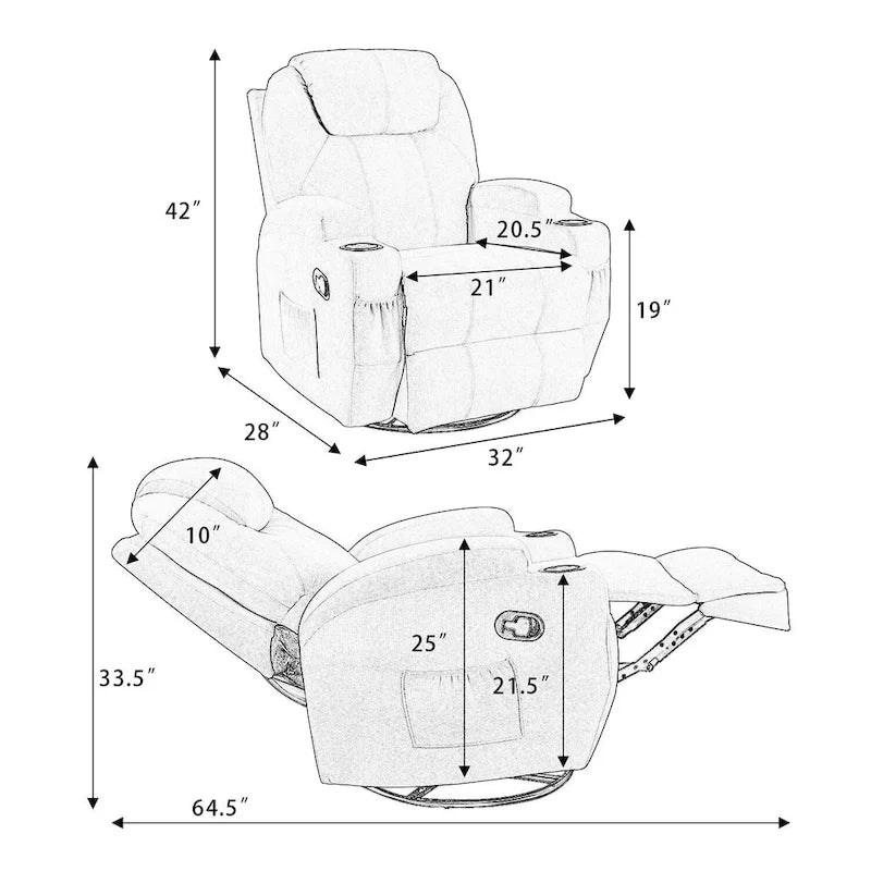 Massage Recliner Chair with 360° Swivel Fabric and Padded Seat for Living Room