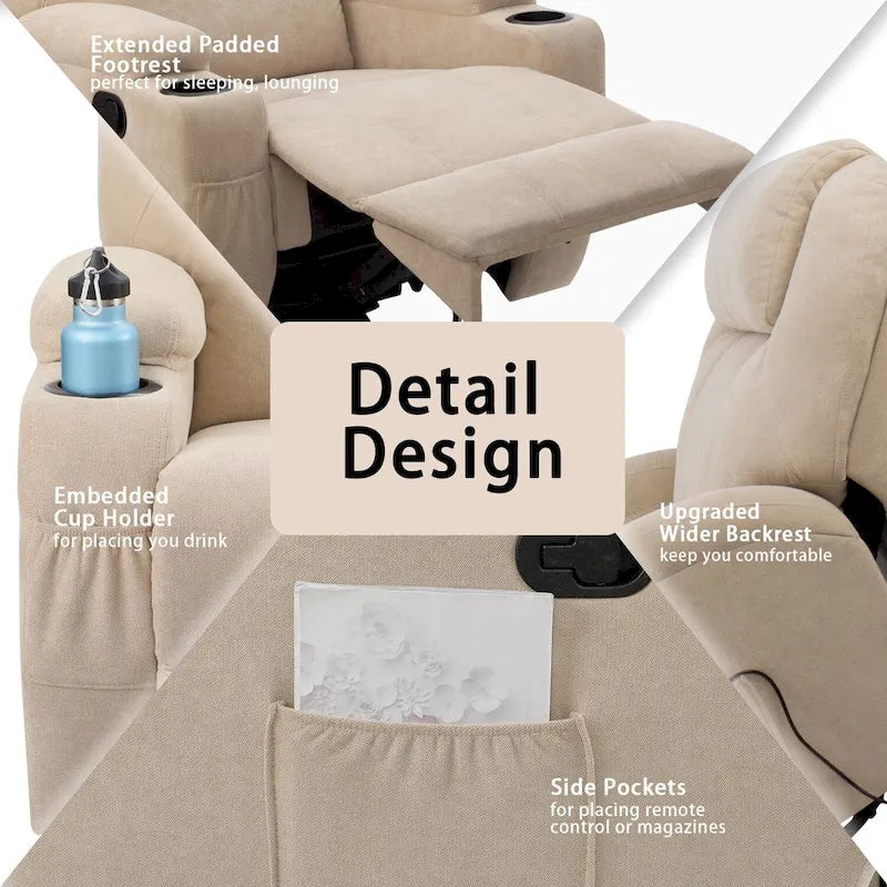Massage Recliner Chair with 360° Swivel Fabric and Padded Seat for Living Room