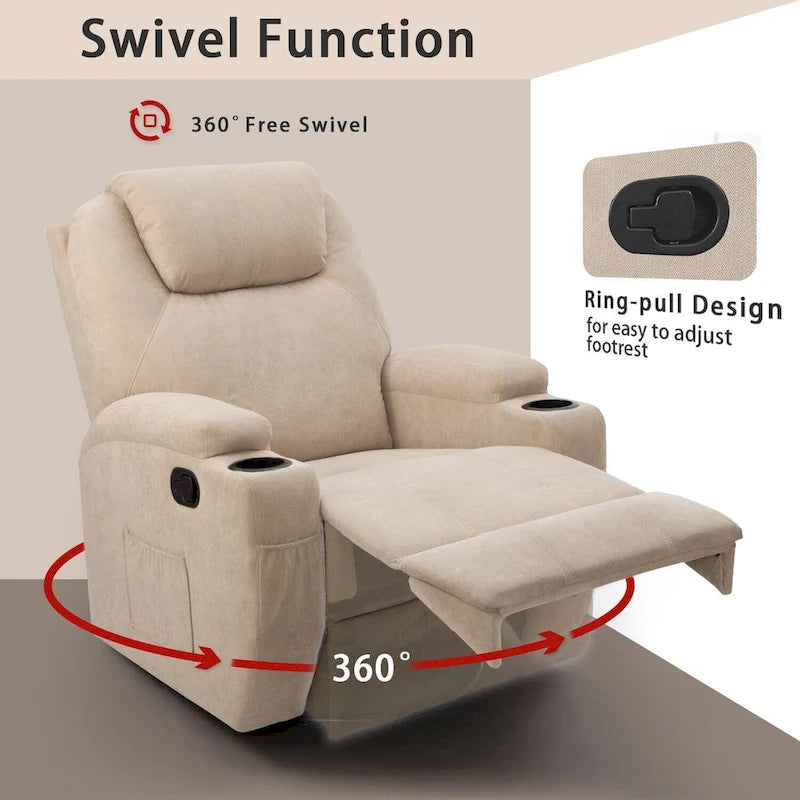Massage Recliner Chair with 360° Swivel Fabric and Padded Seat for Living Room