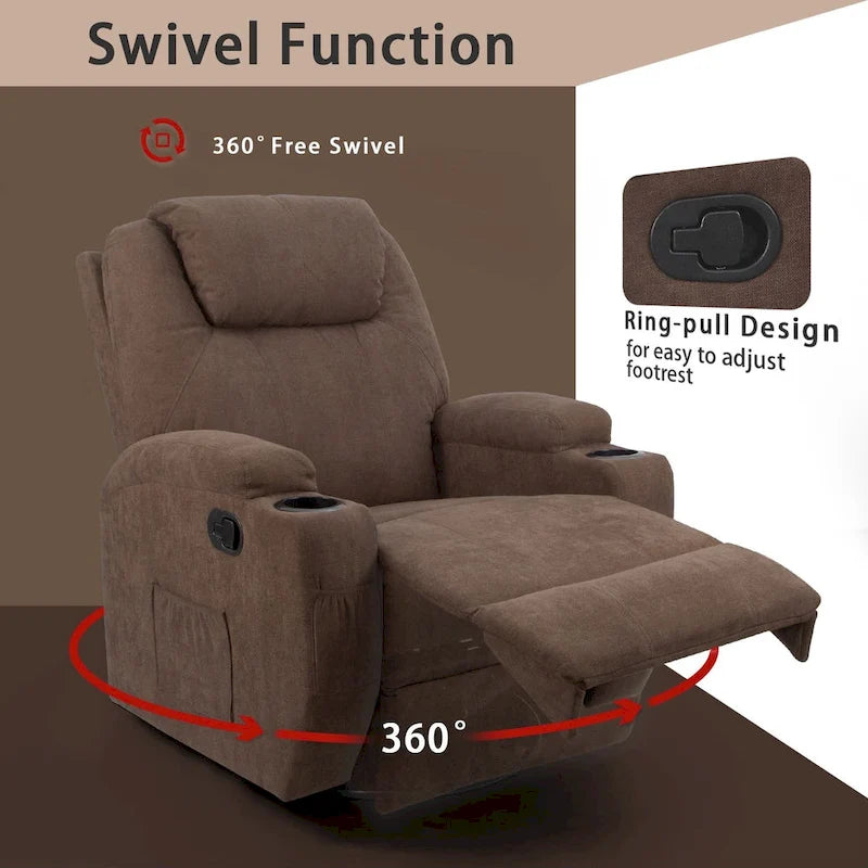 Massage Recliner Chair with 360° Swivel Fabric and Padded Seat for Living Room